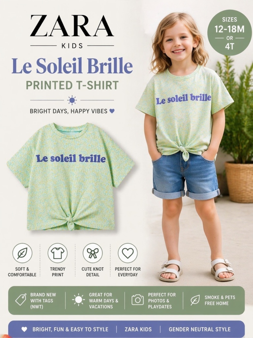 ZARA Kids Green “Le Soleil Brille” Printed T-Shirt NWT Size 12-18M or 4T